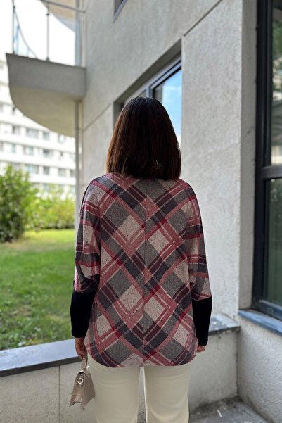 NEW LAVİVA Women's Dried Rose V-Neck Geometric Pattern, Color Block Bat Sleeve Sweater & Blouse