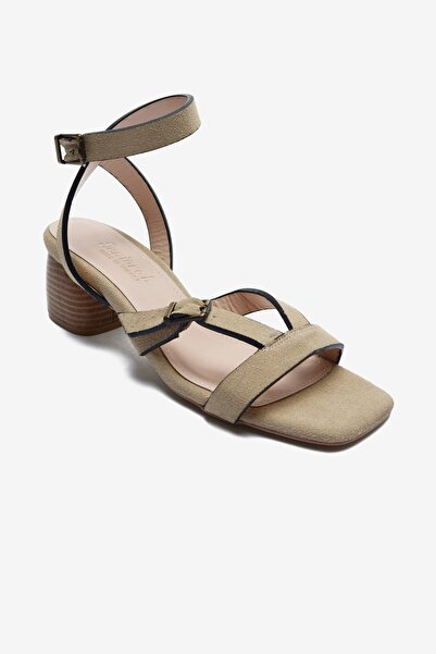 Seniorah Beige Suede Ankle Strap Detailed Women's Thick Heeled Shoes