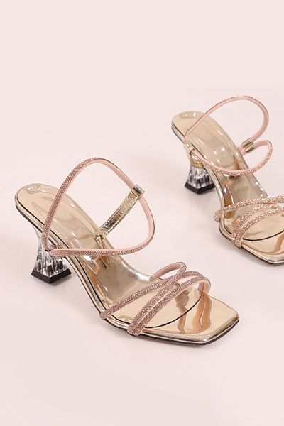 SHOESSHOPS Transparent Heeled Cross Strap Stone Women's Heeled Shoes