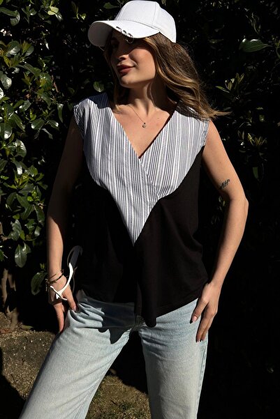 NEW LAVİVA Kadın Siyah Kruvaze V Yaka, Kolsuz, Color Block, Salaş Bluz