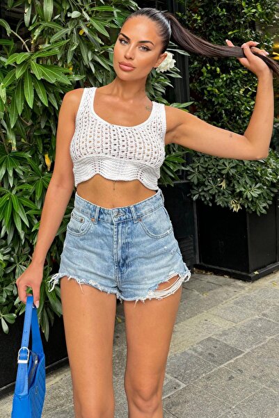 NEW LAVİVA Ecru Relaxed Cut Openwork Knitwear Strappy Crop Blouse