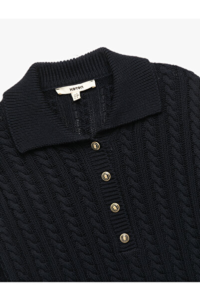 Koton Regular Fit Uzun Kollu Düğmeli Saç Örgü Polo Yaka Kazak