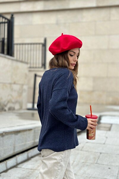 NEW LAVİVA Women's Navy Soft Texture Buttoned Knitwear Sweater, Long Sleeve, Regular Cut, Standard Size