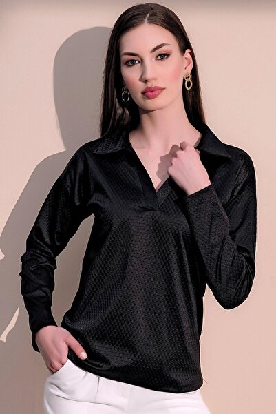 NEW LAVİVA Kadın Siyah Modern Tarz Kendinden Dokulu Polo Yaka Bluz Sweatshirt