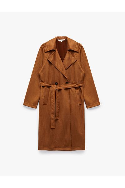 Koton Double Breasted Collar Belted Long Faux Suede Trench Coat with Pockets