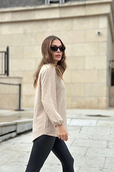 NEW LAVİVA Γυναικείο μπεζ μακρύ μανίκι τριών τετάρτων, γιακάς φιλιού, μπλούζα βασικής κοπής από ύφασμα Pompom - Κατάλληλο για Hijab