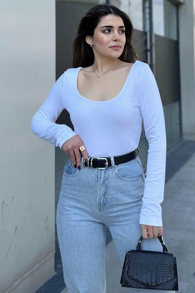 NEW LAVİVA Women's White Front and Back Deep Low-cut Collar, Regular Cut, Anti-Sweat, Cotton Combed Blouse