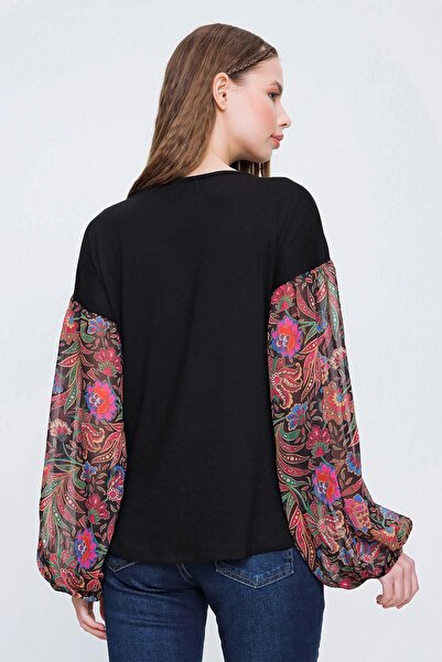 NEW LAVİVA Γυναικεία μπλούζα σιφόν με μοτίβο μαύρο κασμίρ με μακρύ σιφόν, διαφανές μανίκι, κανονική κοπή