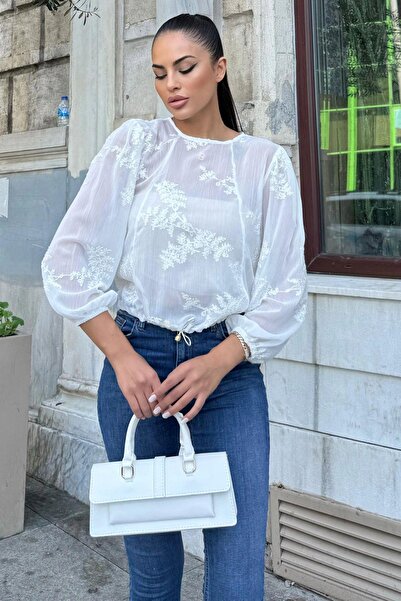 NEW LAVİVA Ecru Embroidered Wrap Chiffon Blouse