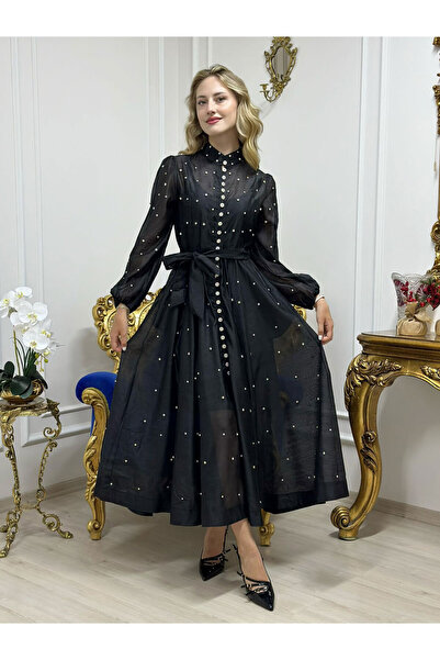 butikbanum Siyah Renk Taşlı Model İthal Özel Seri Elbise