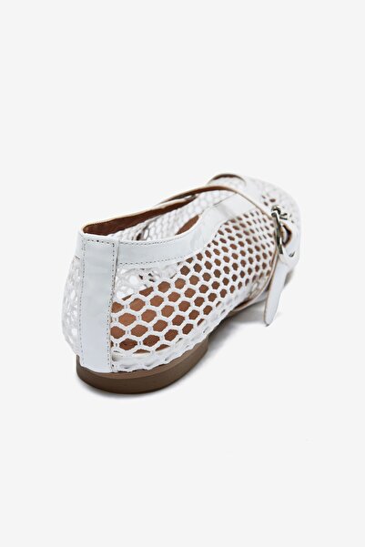 Seniorah White Patent Leather Mesh Detailed Strappy Women's Ballerinas