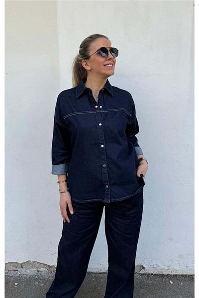LEVURE Chain Detailed Snap Fastener Denim Shirt
