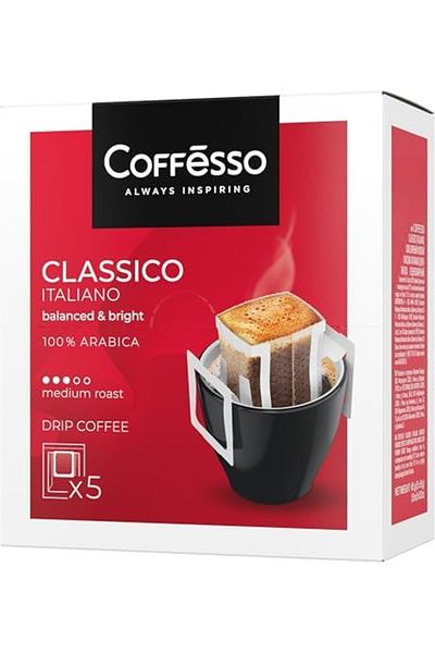 Coffesso Classico Italiano Premium Arabica Ground Coffee in Drip Bags, 5 Single-Serve Sachets, 45g