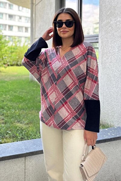 NEW LAVİVA Women's Dried Rose V-Neck Geometric Pattern, Color Block Bat Sleeve Sweater & Blouse