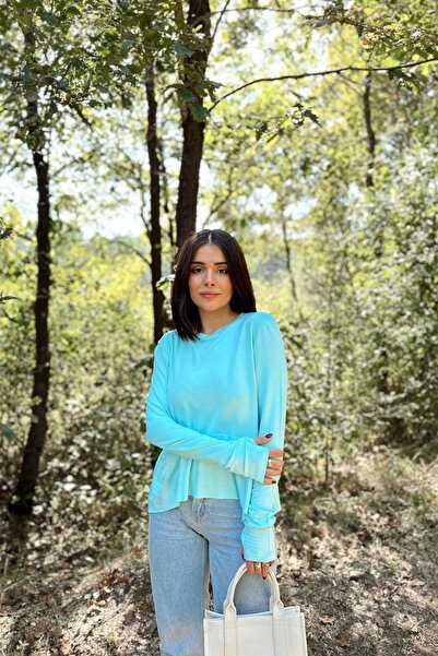 NEW LAVİVA Women's Mint Hands with Gloves Detail, Asymmetric Cut, Crew Neck, Skirt Pleated, Loose Sports Blouse