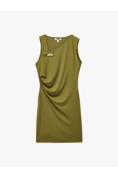 Koton Mini rochie de seară cu decolteu asimetric, accesorii metalice, fără mâneci, drapate