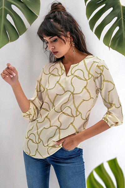 NEW LAVİVA Γυναικεία μπλούζα εκρού με λαιμόκοψη V με στάμπα με αλυσίδα, μανίκι τριών τετάρτων, κανονική εφαρμογή, κανονικό μήκος