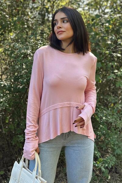 NEW LAVİVA Kadın Pembe Elleri Eldiven Detaylı, Asimetrik Kesim, Bisiklet Yaka...