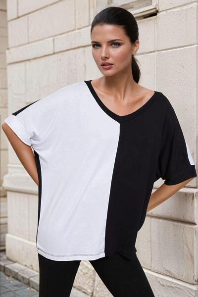 NEW LAVİVA Μαύρη λαιμόκοψη V, Color Block, Basic Μπλούζα