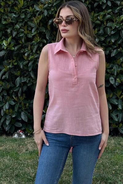 NEW LAVİVA Kadın Pudra Basic Kesim, Yarım Patlı, Sıfır Kollu, Keten Bluz