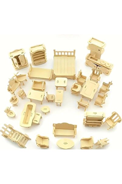 Generic 3D Wooden Dollhouse Furniture Kit, 34 Pieces DIY Miniature Furniture Set, Unfinished Wood