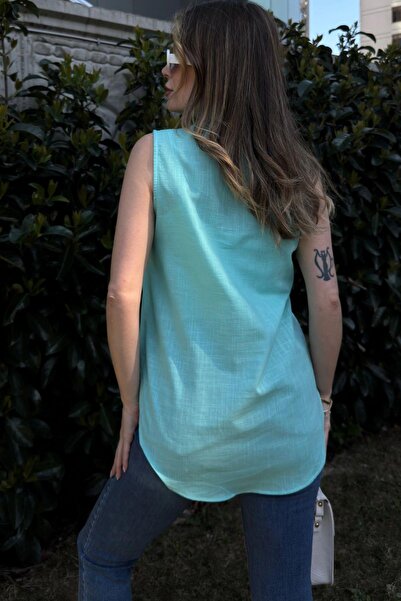 NEW LAVİVA Women's Turquoise Basic Cut, Half Placket, Zero Sleeve, Linen Blouse