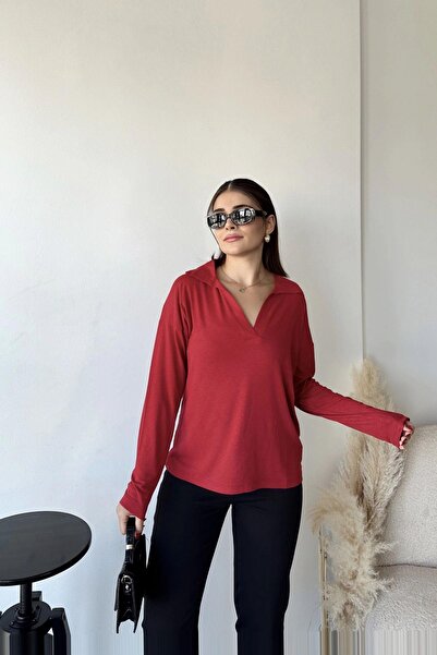 NEW LAVİVA Women's Red Polo Neck Basic Blouse, Long Sleeve, Regular Fit, Casual and Sports Sweatshirt