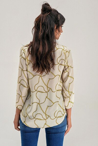 NEW LAVİVA Γυναικεία μπλούζα εκρού με λαιμόκοψη V με στάμπα με αλυσίδα, μανίκι τριών τετάρτων, κανονική εφαρμογή, κανονικό μήκος