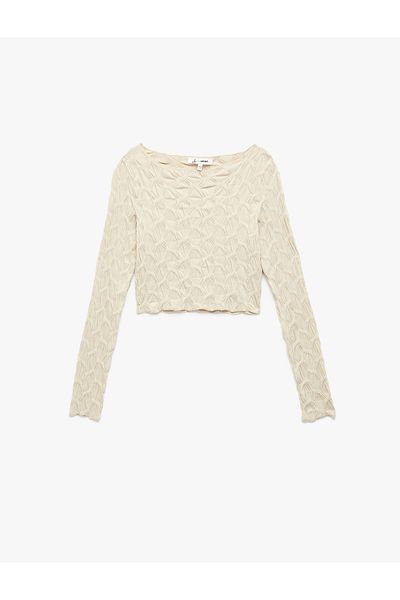Koton Long Sleeve Textured Boat Neck Slim Fit Crop T-Shirt