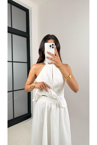 My Blog White Gold Buckle Halter Neckline Blouse Skirt Set - 251031