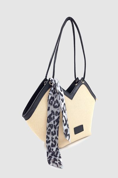 Wuclo Omric Scarf Detailed Linen Shoulder, Arm and Hand Bag Black