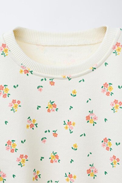 Magu Girl's Cotton Ecru Floral Patterned Sweatshirt Spanish Leggings Set