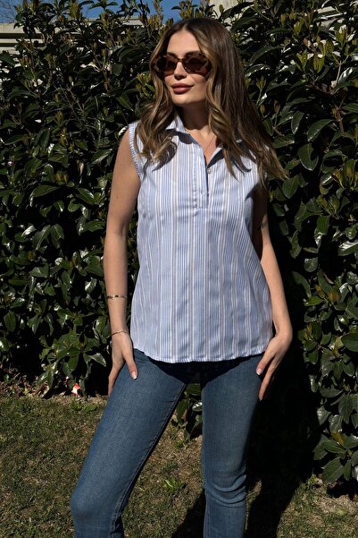 NEW LAVİVA Γυναικείο μπλε ριγέ, καλοκαιρινό ύφασμα με υφή, μισή πατιλέτα, μπλούζα με μηδέν μανίκια