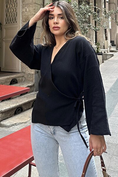 NEW LAVİVA Kadın Siyah Kruvaze Yaka, Çapraz Bağlamalı, Flare Kollu, Salaş Müs...