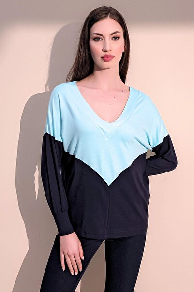 NEW LAVİVA Kadın Mint V Yaka Color Block Basic Salaş - Rahat Penye Bluz