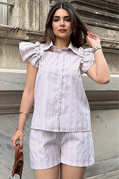 NEW LAVİVA Beige Women's Shirt - Short Sleeve, Flare Shoulders, Frill Design,...