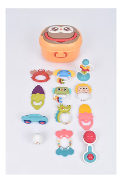 Fun Moment Baby Toy Box with Rattles and Teethers with Silicone Tips in Assorted Shapes, 12 Pieces