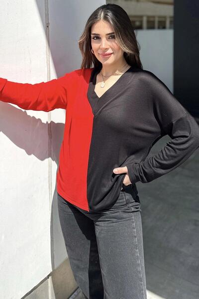 NEW LAVİVA Kadın Kırmızı & Siyah Blok Renkli, V Yaka, Uzun Kollu, Pamuklu Salaş Bluz