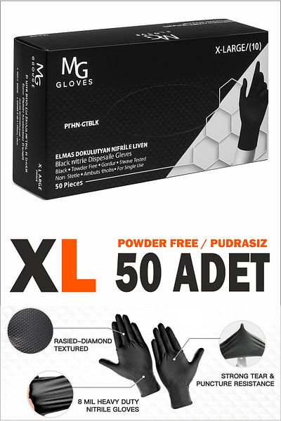 woodretro Diamond Textured Black Nitrile Gloves - X Large (50 Pieces) |   Powder Free, Disposable, Durable