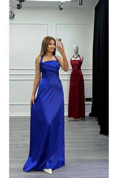 Daves Satin Long Dress with Back Detail-Blue