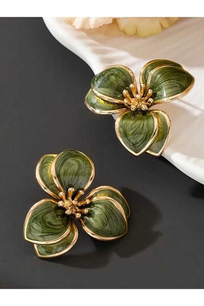 Bujiteri Katmanlı Yeşil Çiçek Kadın Küpe, Vintage Çiçek Desen Paslanmaz Çelik Çivi Küpe İdeal Hediye