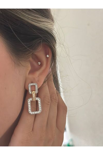 MyladyAccessoriess Double Color Detailed Square Cut Dangle Earrings (Steel)