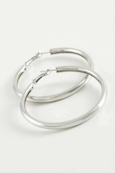 ZERO LAND Hn-Shop Pipe Hoop Earrings 3.5 Cm-Silver Color