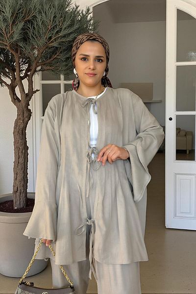 Aselim Hijap Moda Comfortable Raw Linen Double Set - Pleated Wide Sleeve Tunic Set Mink