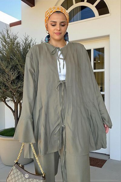 Aselim Hijap Moda Comfortable Raw Linen Double Suit - Pleated Wide Sleeve Tunic Suit Green