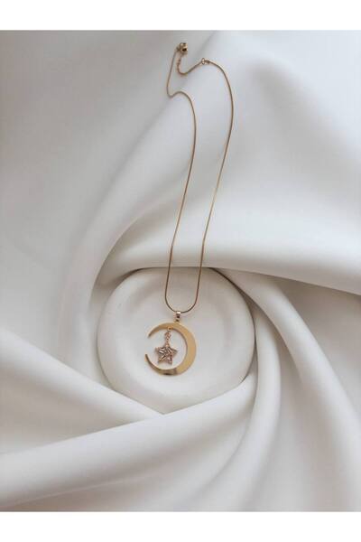 Minne Jewelry-Accessory Steel Necklace - Crescent Star Stone Necklace - Steel Crescent Necklace - Steel Necklace