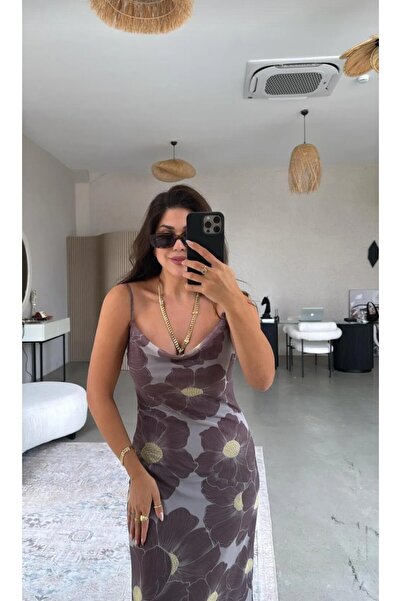 Mars Desenli Degaje Yaka Asansör Askılı Astarlı Tül Elbise