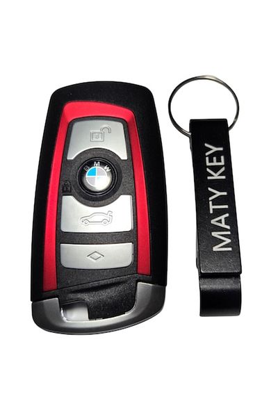 OEM BMW 4-button key case with MATY KEY keychain, red frame, ABS plastic