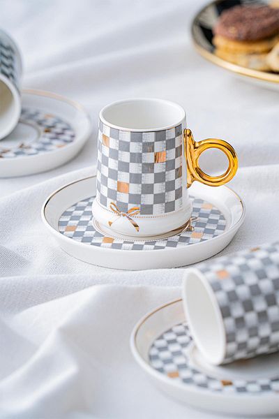 ACAR Almond Gray 12 Piece Porcelain Coffee Cup Set for 6 People - 90 ml