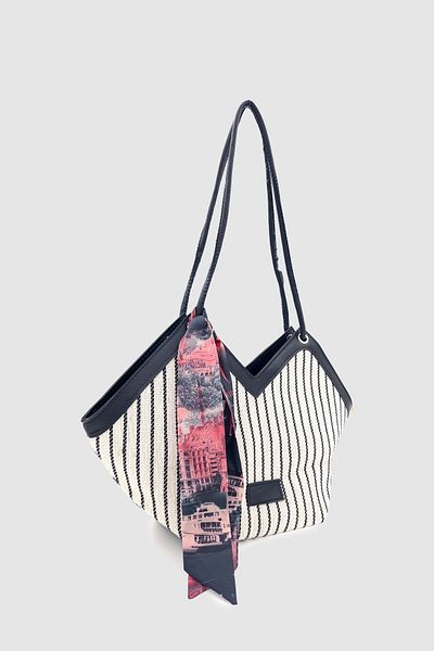 Wuclo Omric Scarf Detailed Linen Shoulder, Arm and Hand Bag Black and White